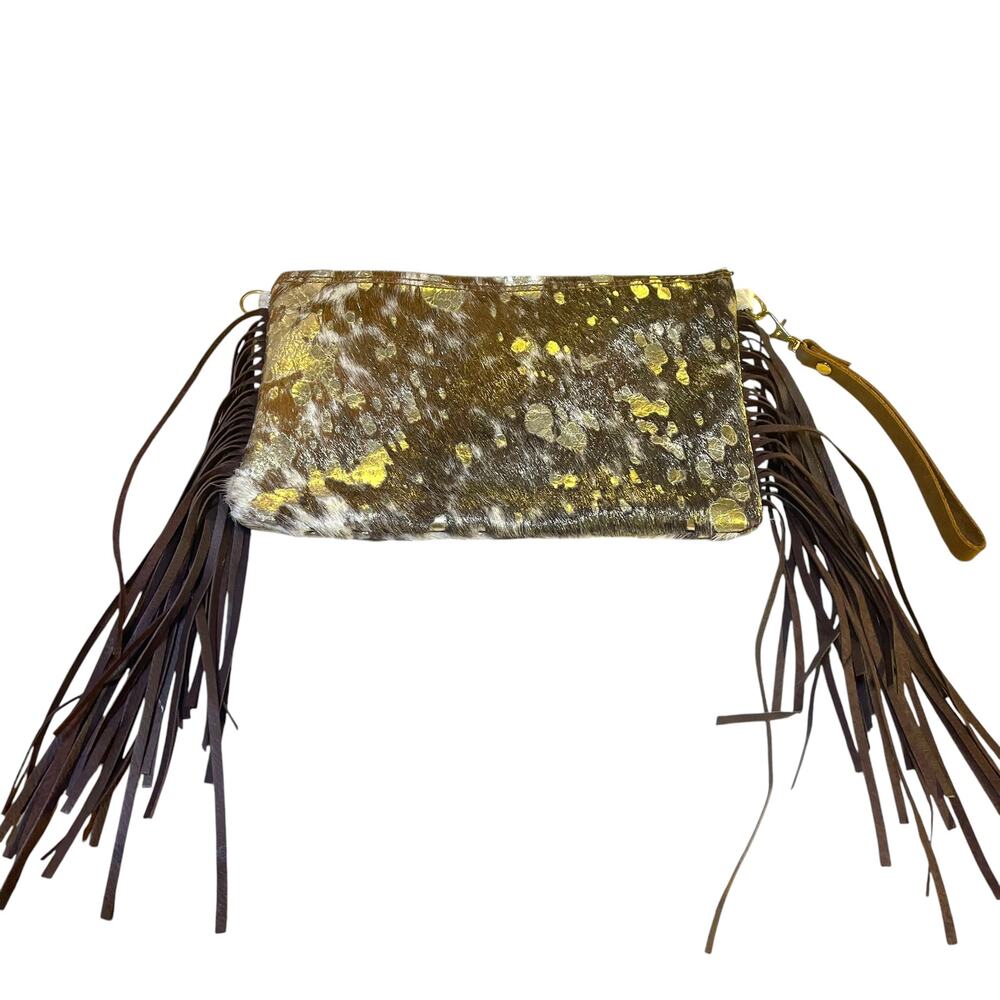 Western Cowhide Leather Fringe Wristlet Clutch Metallic Gold Hair-On Hide Bag
